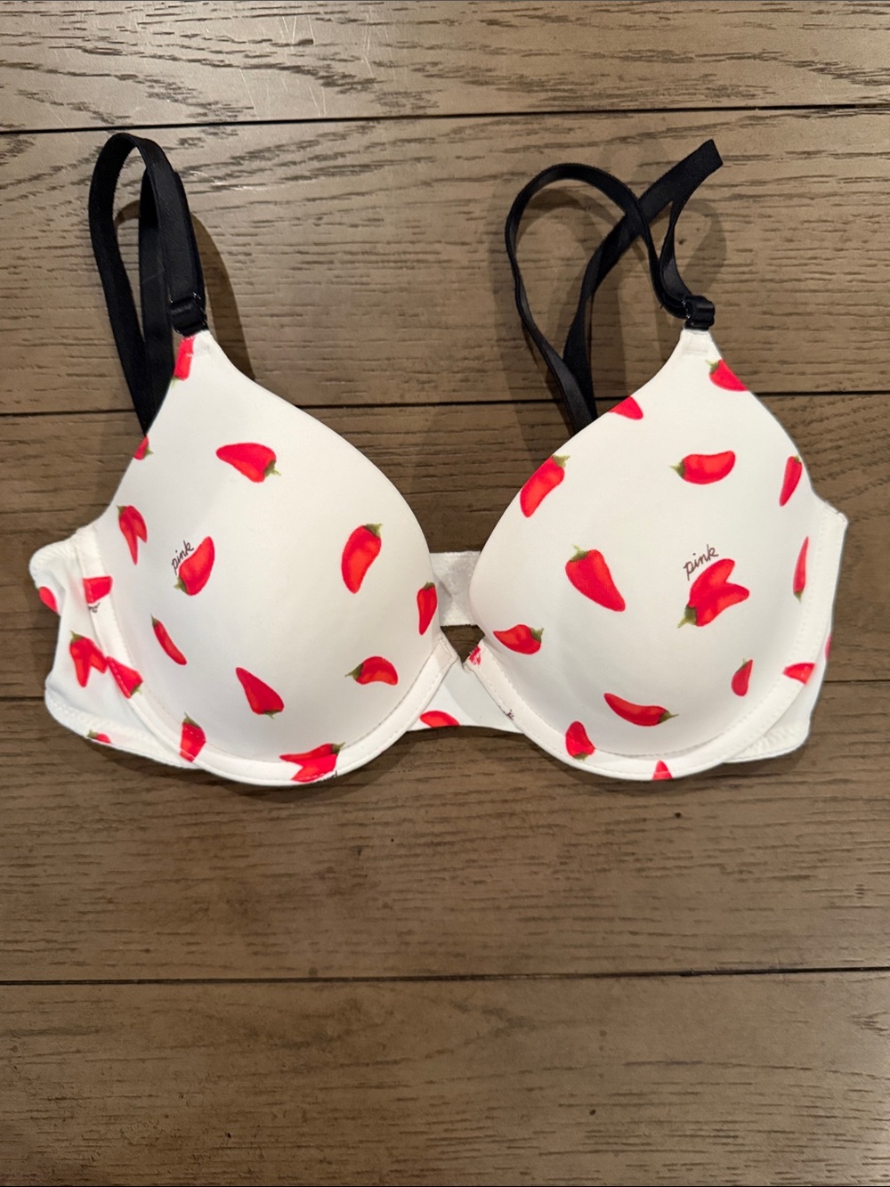 PINK Victoria's Secret White  T-Shirt Bra with Red Chili Pepper Print